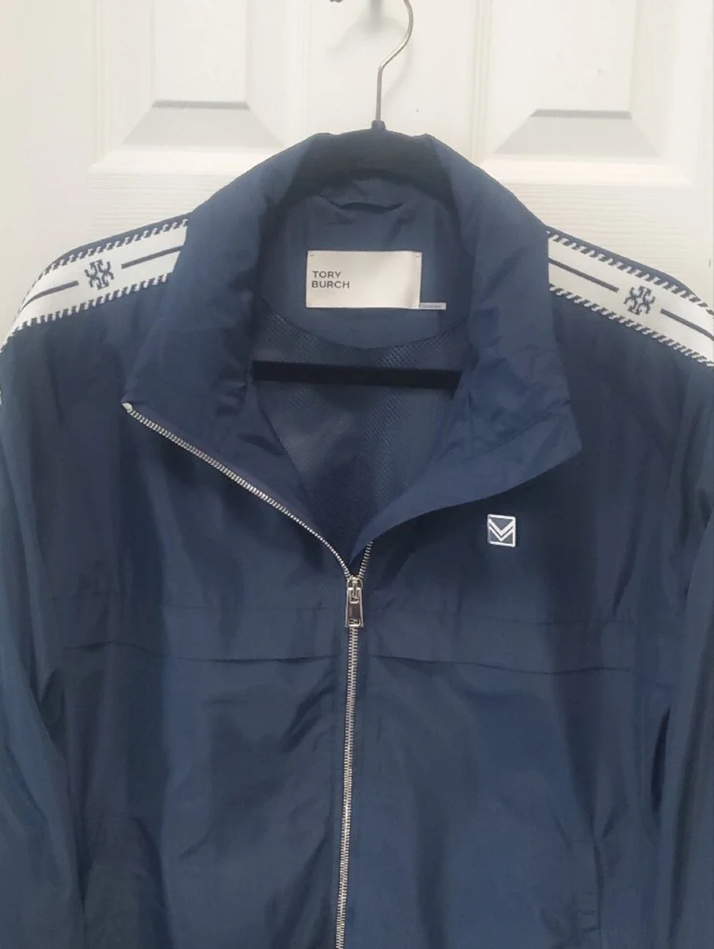 Tory Burch Navy Nylon Hooded Jacket with White Logo-Pattern Sleeve Tape